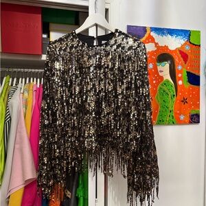 Trina Turk Black and Gold Sequin Fringe Blouse